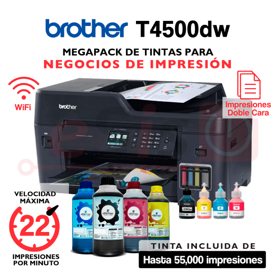 Brother T4500dw + Tintas de Litro Impresora Brother T4500DW + MegaPack Tintas de LITRO - Imagen 1