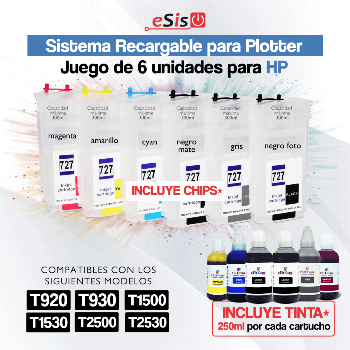 Sistema Continuo HP 727 para T920 - T930 - T1500 - T1530 - T2500 - T2530 (Cartuchos Recargables) - Imagen 1