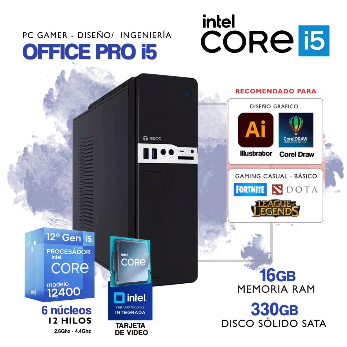 PC OFFICE PRO i5 - Intel Core i5 12400 - 12° Generación - 16Gb RAM - 330Gb SSD SATA - Imagen 1