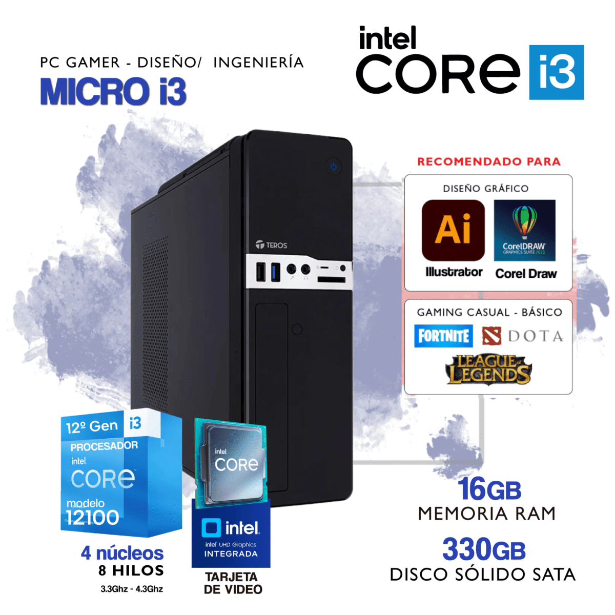 PC MICRO i3 - Intel Core i3 12100 - 12° Generación - 16Gb RAM - 330Gb SSD SATA - Imagen 1