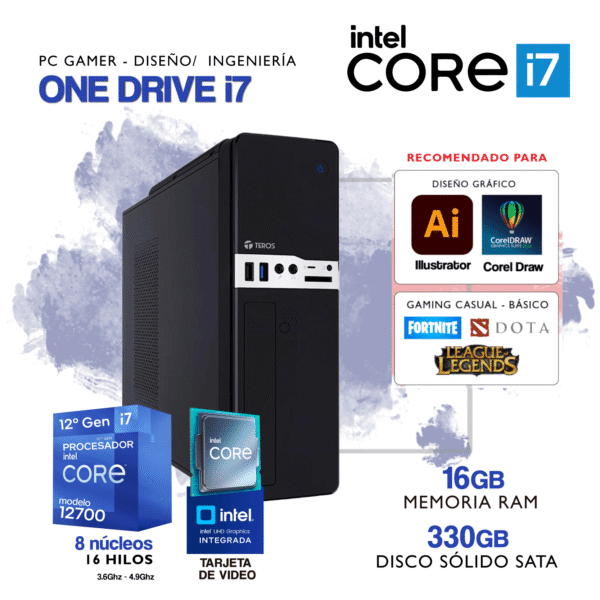 PC ONE DRIVE i7 - Intel Core i7 12700 - 12° Generación - 16Gb RAM - 330Gb SSD SATA