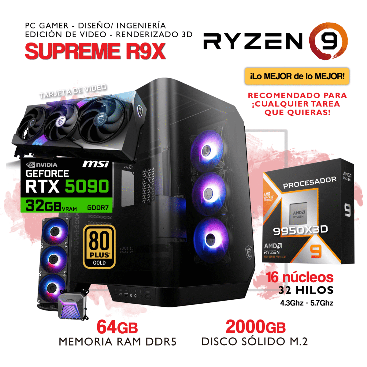 PC SUPREME R9X -  AMD RYZEN 9 9950X3D - NVIDIA GEFORCE RTX 5090 32Gb - 32Gb RAM DDR5 - 2000Gb SSD M.2 - Imagen 1