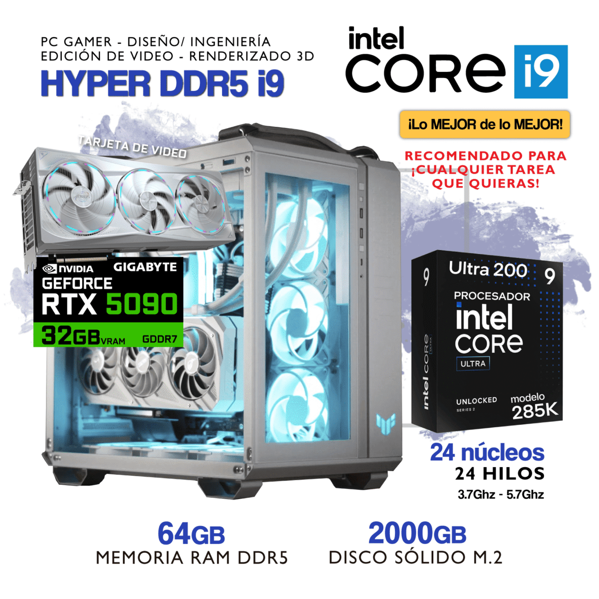 PC HYPER DDR5 i9 - Intel Core Ultra 9 285K - NVIDIA GEFORCE RTX 5090 32Gb - 32Gb RAM DDR5 - 2000Gb SSD M.2 - Imagen 1