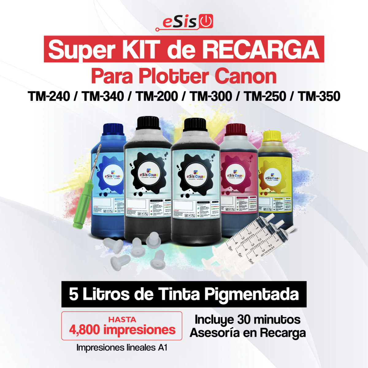 Sistema de Recarga para Cartuchos Originales (Kit Tintas 5 Litros) Impresoras Plotter Canon TM - Imagen 1