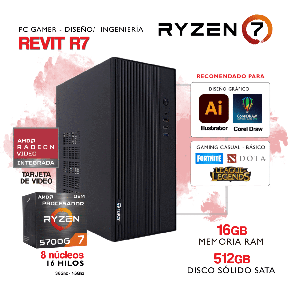 PC REVIT R7 - AMD Ryzen 7 5700G - Gráficos AMD RADEON - 16Gb RAM - 512Gb SSD SATA - Imagen 1
