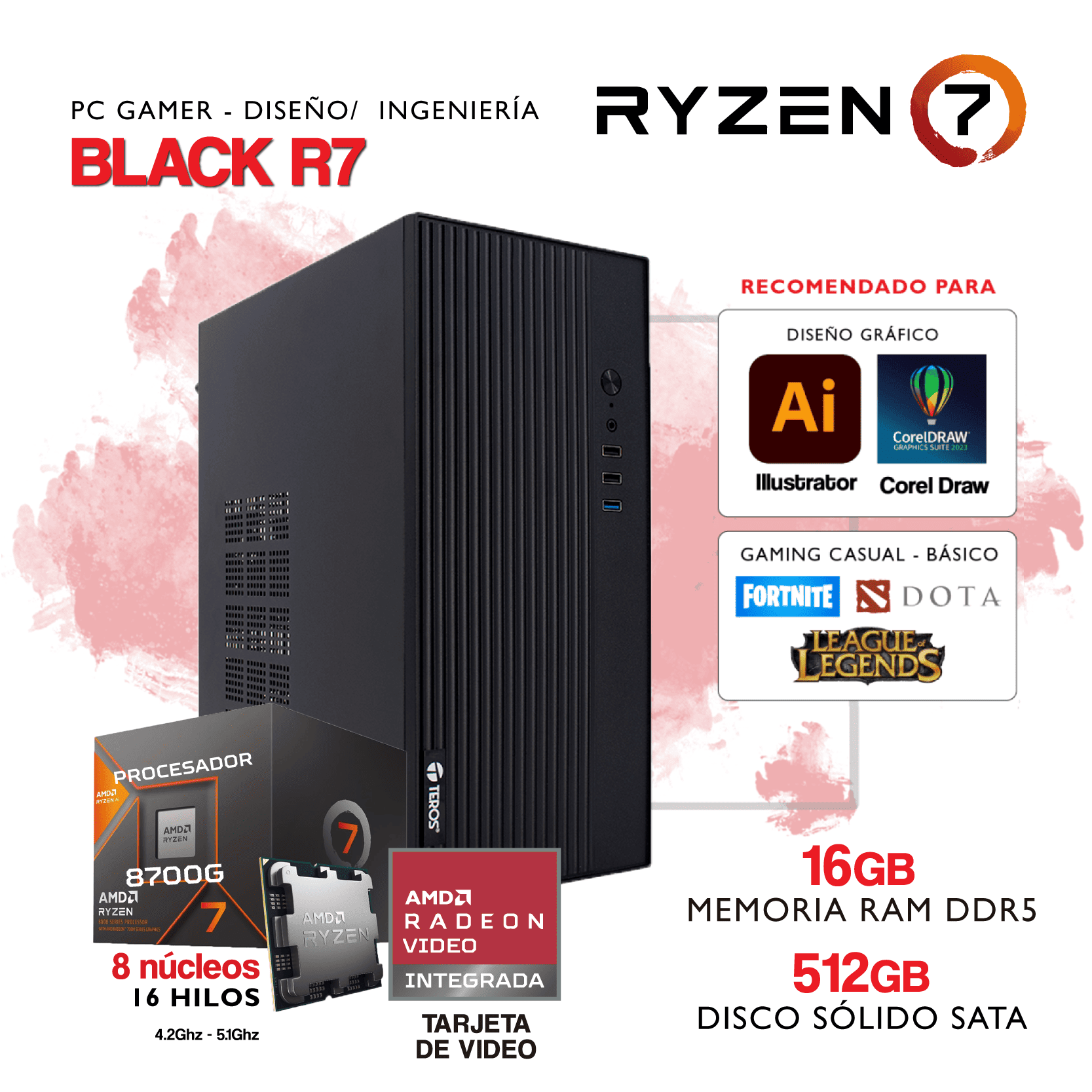 PC IMAGENES WEB-33 PC BLACK R7 - AMD Ryzen 7 8700G - Gráficos AMD RADEON - 16Gb RAM DDR5 - 512Gb SSD SATA - Imagen 1