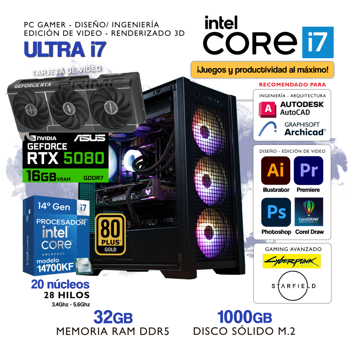 PC ULTRA i7 - Intel Core i7 14700KF - NVIDIA GEFORCE RTX 5080 - 32Gb RAM DDR5 - 1000Gb SSD M.2 - Imagen 1
