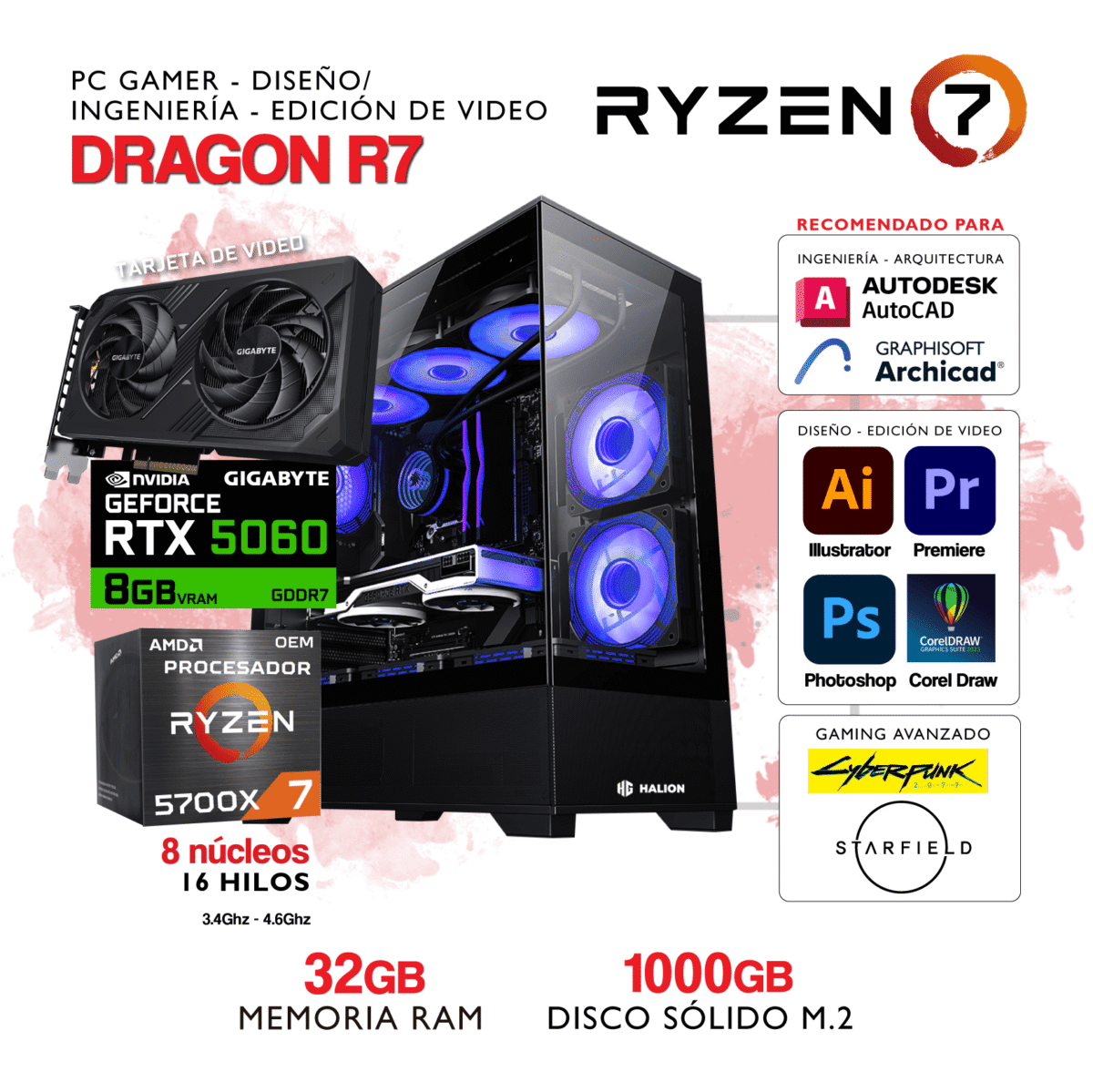 PC DRAGON R7 - AMD Ryzen 7 5700X - NVIDIA GEFORCE RTX 5060 - 32Gb RAM - 1000Gb SSD M.2 - Imagen 1