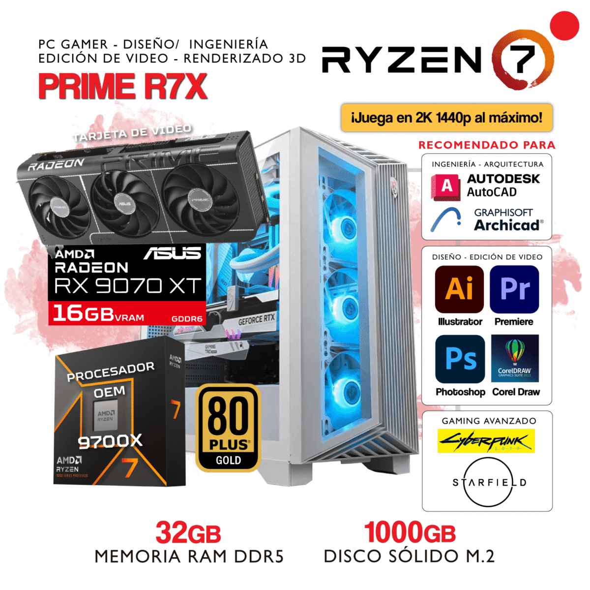 PC PRIME R7X - AMD Ryzen 7 9700X - AMD RADEON RX 9070 XT - 32Gb RAM DDR5 - 1000Gb SSD M.2 - Imagen 1