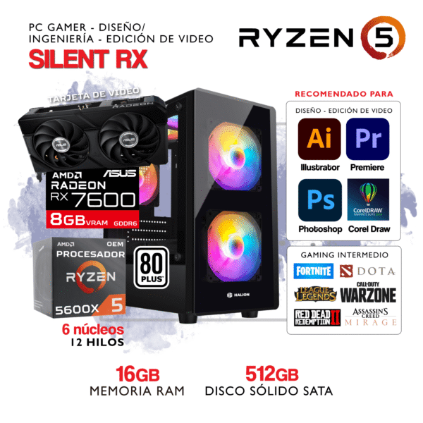PC SILENT RX - AMD Ryzen 5 5600X - AMD RADEON RX 7600 - 16Gb RAM - 512Gb SSD SATA
