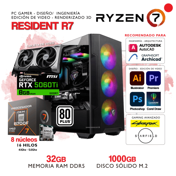 PC RESIDENT R7 - AMD Ryzen 7 8700F - NVIDIA GEFORCE RTX 5060Ti - 32Gb RAM DDR5 - 1000Gb SSD M.2