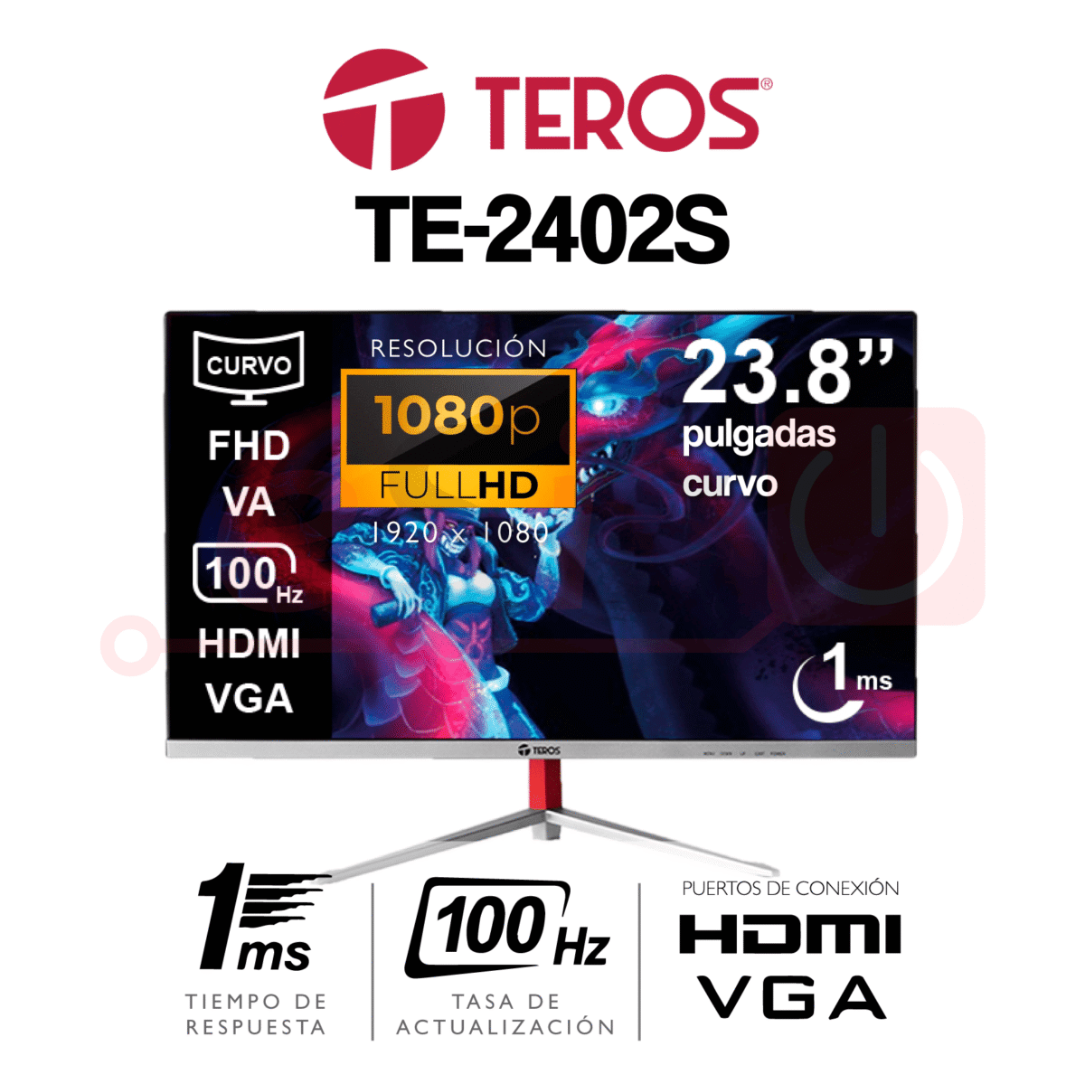 Monitor TEROS TE-2402S - 24 Pulgadas Curvo - 1920x1080 FULL HD - 100Hz - 1ms - Imagen 1