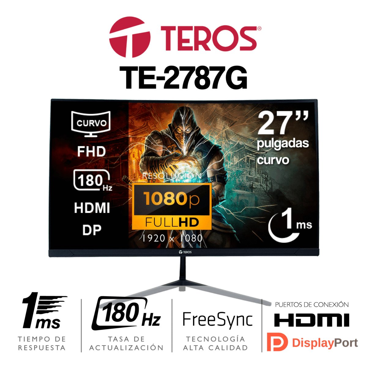 Monitor TEROS TE-2787G - 27 Pulgadas Curvo - 1920x1080 FULL HD - 180Hz - 1ms - Imagen 1