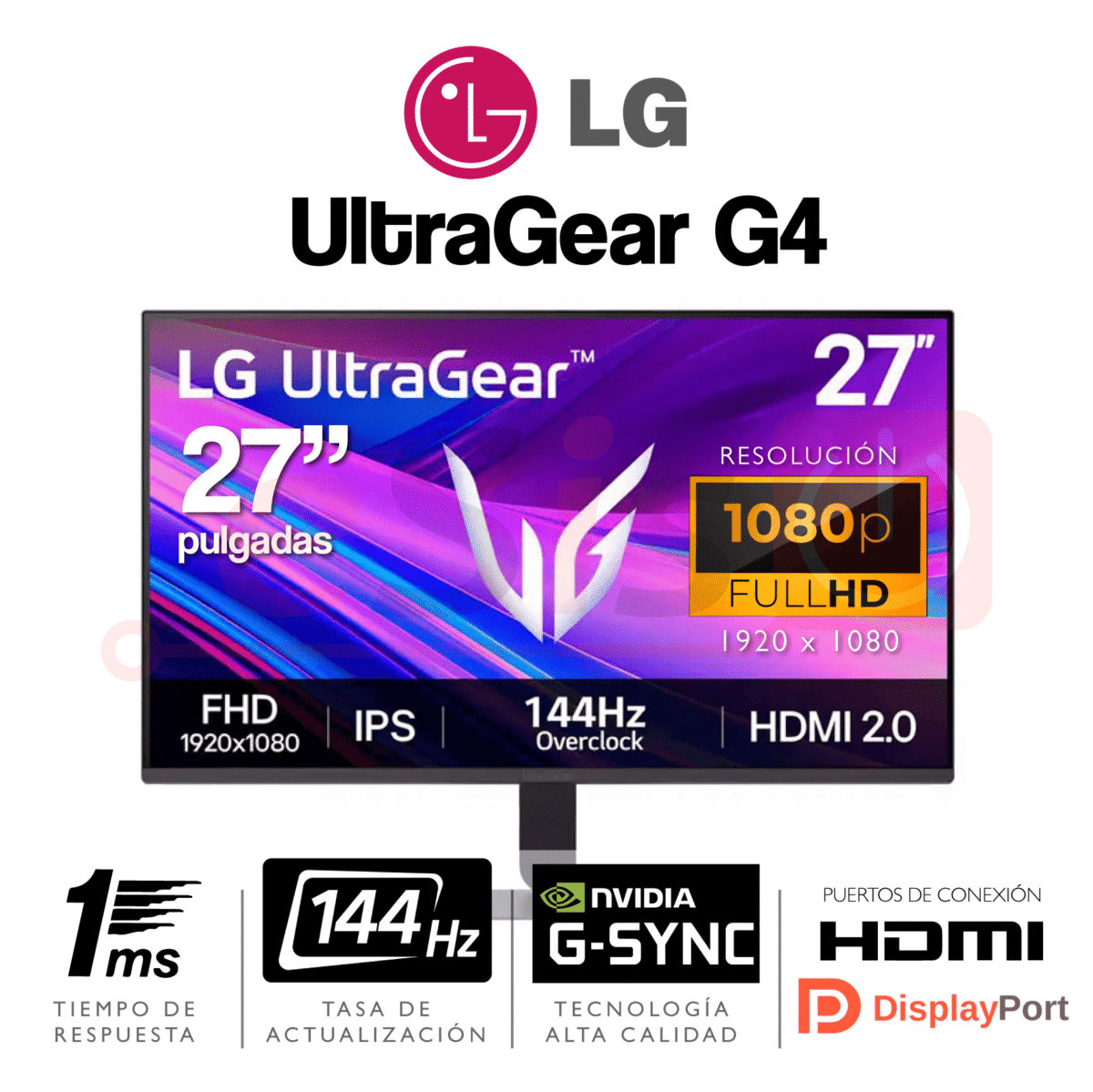 Monitor LG UltraGear G4 - 27 Pulgadas - 1920x1080 FHD - 144Hz - 1ms - Imagen 1