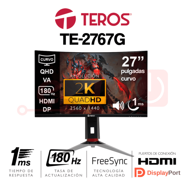 Monitor TEROS TE-2767G - 27 Pulgadas Curvo - 2560x1440 (2K) QHD - 180Hz - 1ms