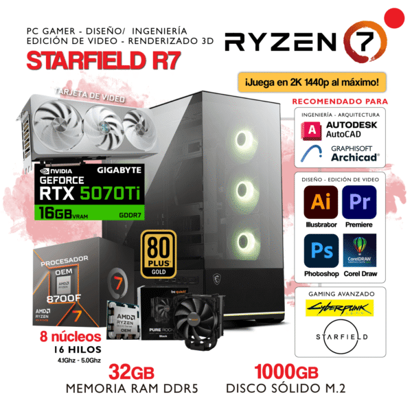 PC STARFIELD R7 - AMD Ryzen 7 8700F - NVIDIA GEFORCE RTX 5070Ti - 32Gb RAM DDR5 - 1000Gb SSD M.2