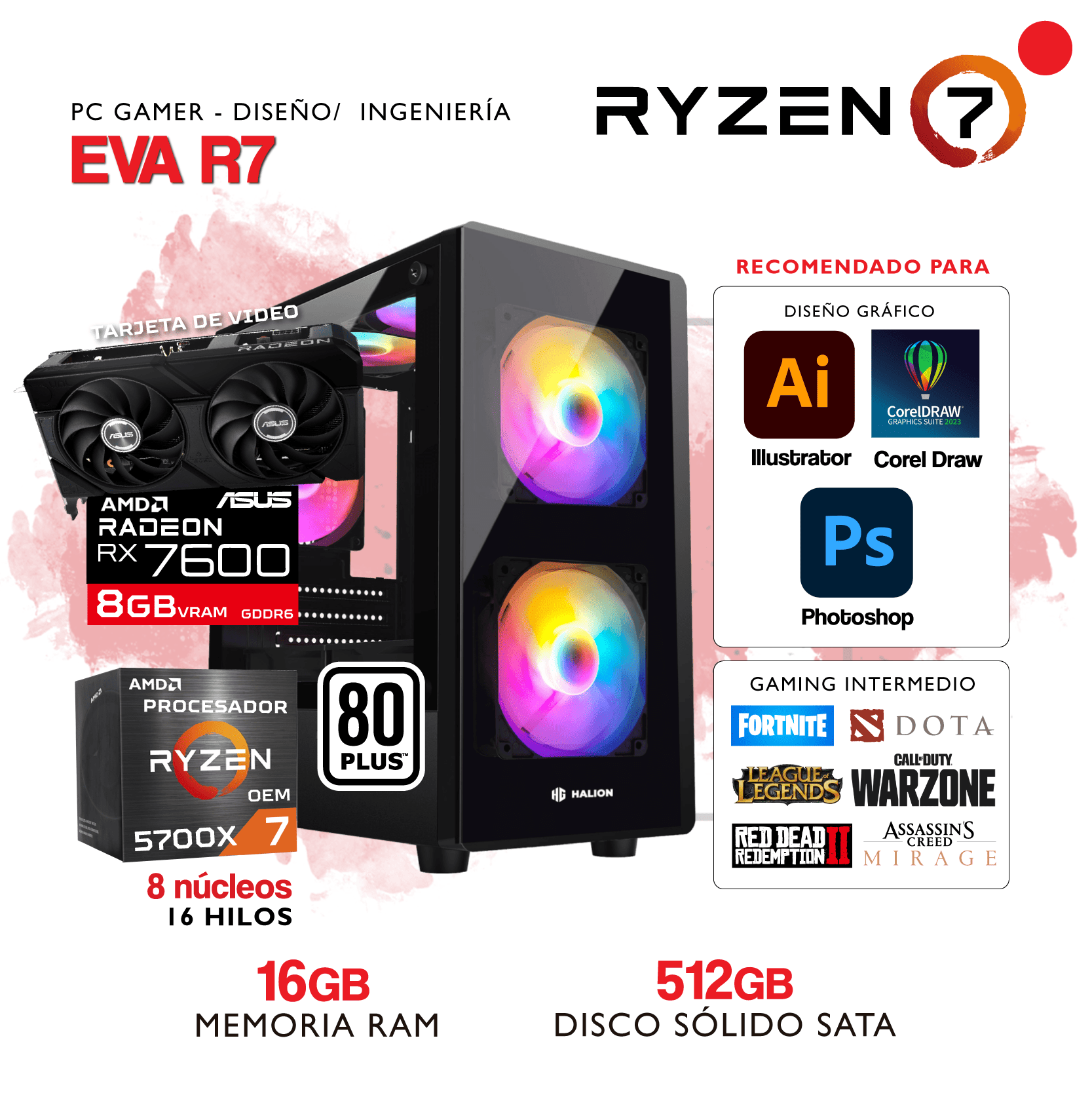 PC IMAGENES WEB-04 PC EVA R7 - AMD Ryzen 7 5700X - AMD RADEON RX 7600 - 16Gb RAM - 512Gb SSD SATA - Imagen 1
