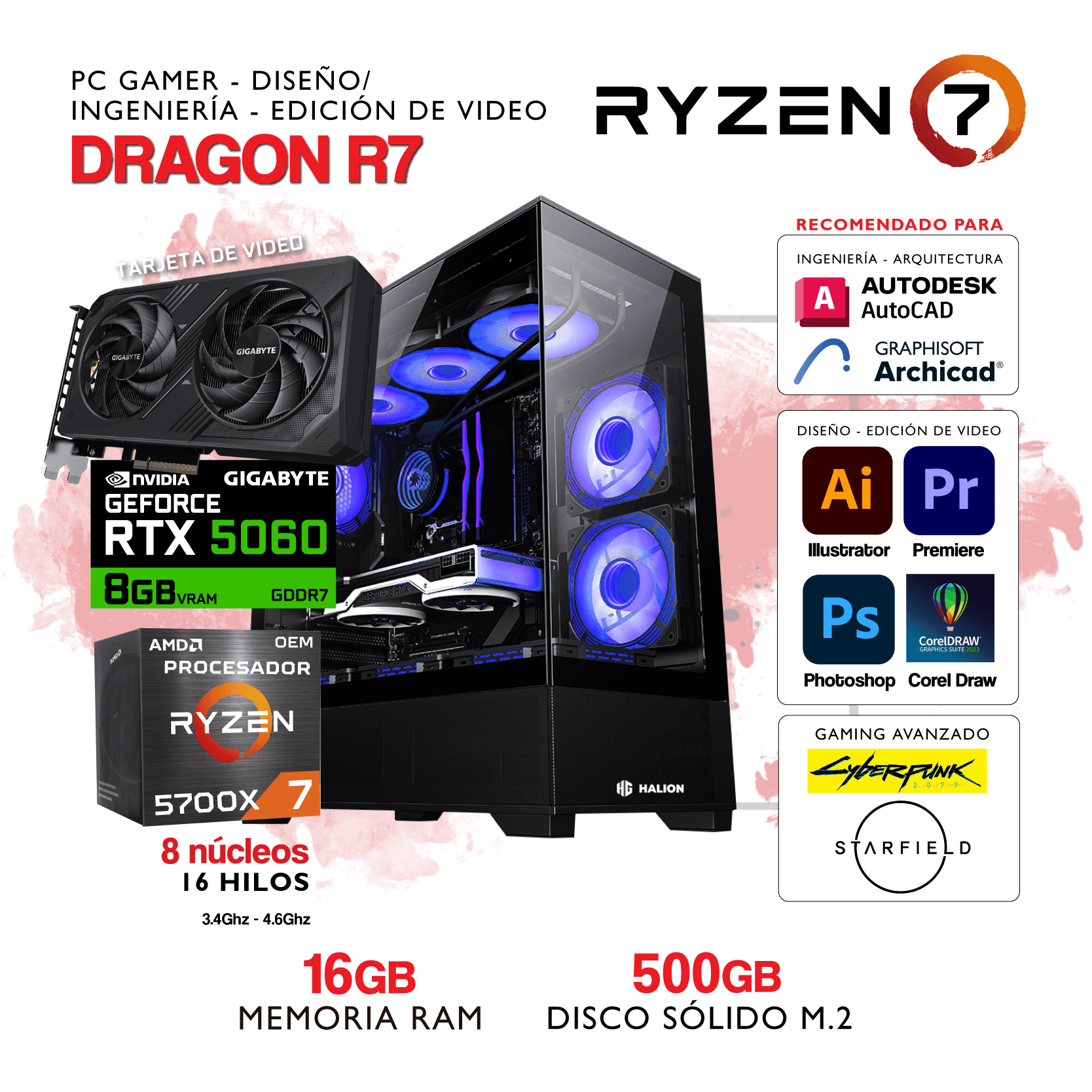 PC IMAGENES WEB-19 PC DRAGON R7 - AMD Ryzen 7 5700X - NVIDIA GEFORCE RTX 5060 - 16Gb RAM - 500Gb SSD M.2 - Imagen 1