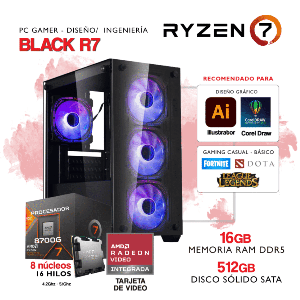 PC BLACK R7 - AMD Ryzen 7 8700G - Gráficos AMD RADEON - 16Gb RAM DDR5 - 512Gb SSD SATA