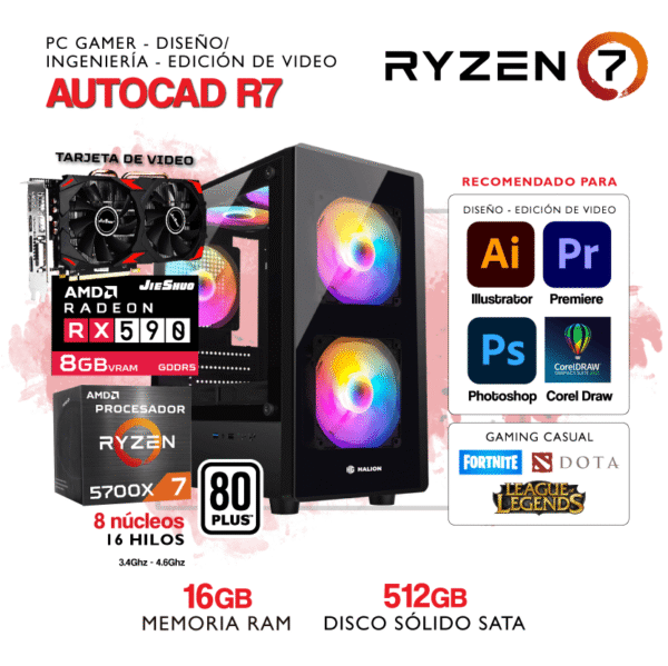 PC AUTOCAD R7- AMD Ryzen 7 5700X - AMD RADEON RX 590 8Gb - 16Gb RAM - 512Gb SSD SATA
