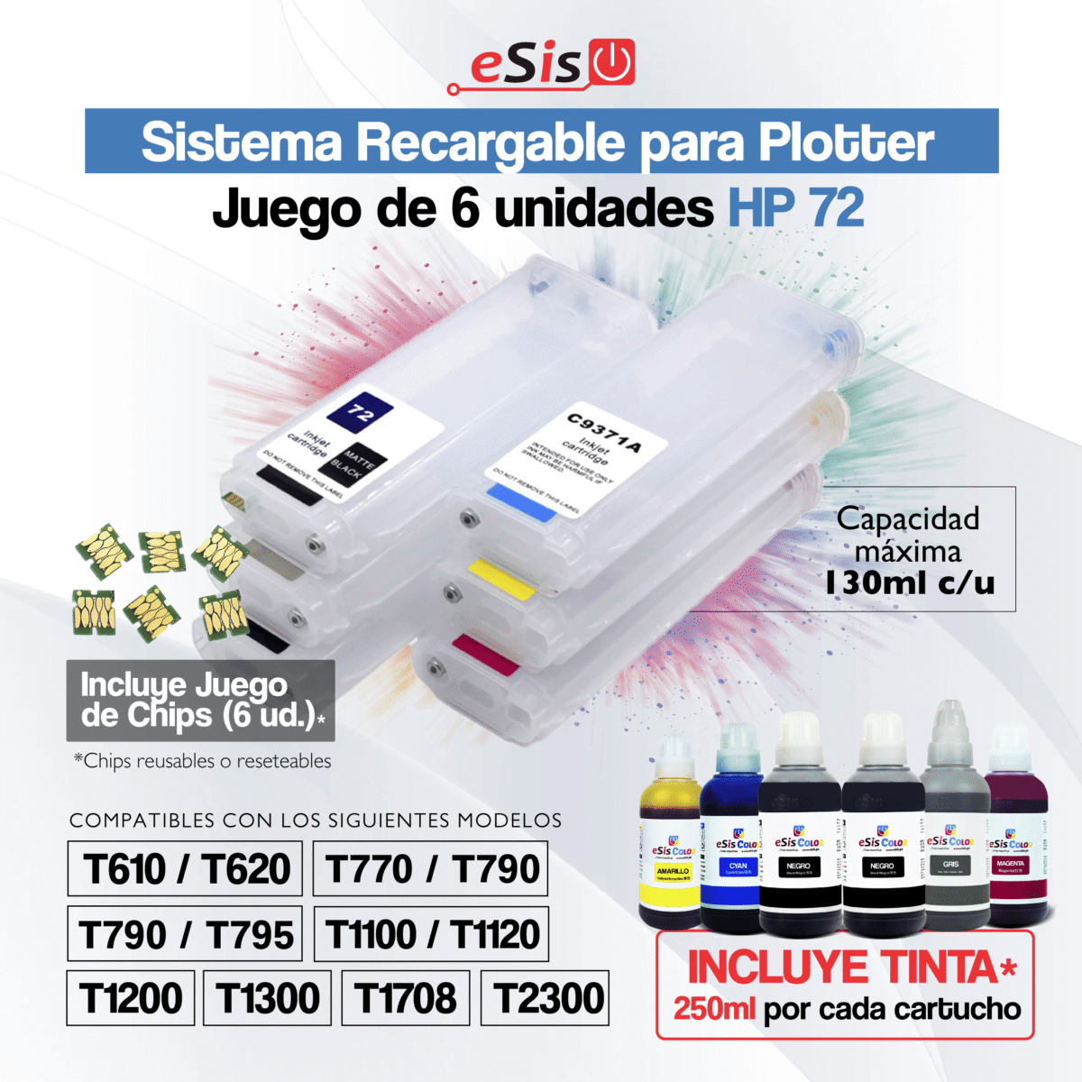 Sistema Continuo HP 72 para T610 / T620 - T770 / T790 - T795 - T1100 / T1120 - T1200 / T1300 - T1708 / T2300 (Cartuchos Recargables) - Imagen 1