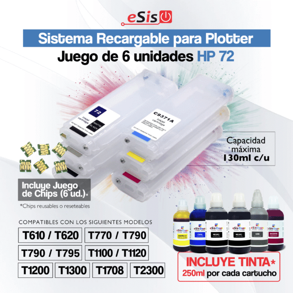 Sistema Continuo HP 72 para T610 / T620 - T770 / T790 - T795 - T1100 / T1120 - T1200 / T1300 - T1708 / T2300 (Cartuchos Recargables)