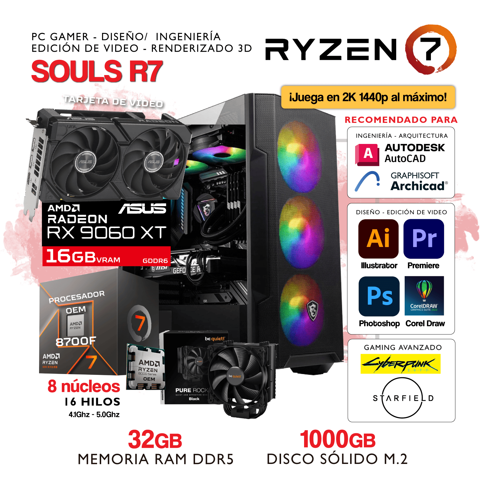 PC IMAGENES WEB-38 PC SOULS R7 - AMD Ryzen 7 8700F - AMD RADEON RX 9060XT 16Gb - 32Gb RAM DDR5 - 1000Gb SSD M.2 - Imagen 1