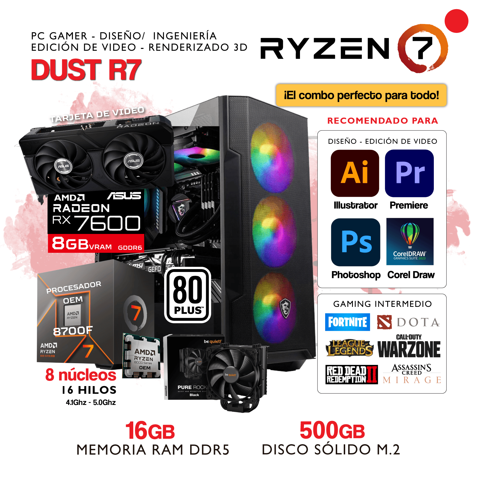 PC IMAGENES WEB-40 PC DUST R7 - AMD Ryzen 7 8700F - AMD RADEON RX 7600 - 16Gb RAM DDR5 - 500Gb SSD M.2 - Imagen 1