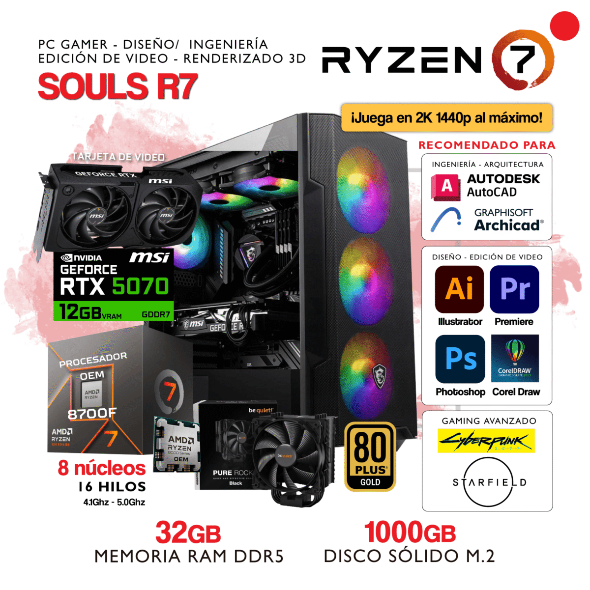 PC SOULS R7 - AMD Ryzen 7 8700F - NVIDIA GEFORCE RTX 5070 - 32Gb RAM DDR5 - 1000Gb SSD M.2 - Imagen 1
