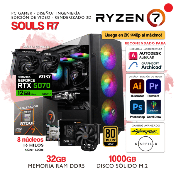 PC SOULS R7 - AMD Ryzen 7 8700F - NVIDIA GEFORCE RTX 5070 - 32Gb RAM DDR5 - 1000Gb SSD M.2