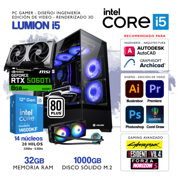 PC LUMION i5 - Intel Core i5 14600KF - NVIDIA GEFORCE RTX 5060Ti - 32Gb RAM DDR5 - 1000Gb SSD M.2