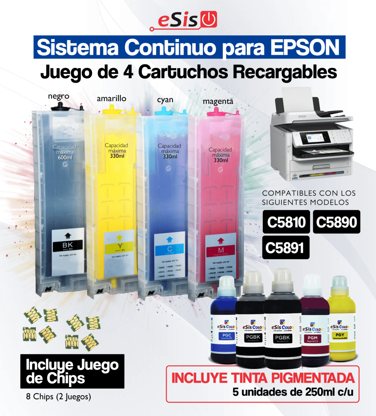 Sistema Continuo para EPSON WorkForce C5810 - C5890 - C5891 (Cartuchos Recargables con CHIPS) (Tinta Pigmentada) - Imagen 1