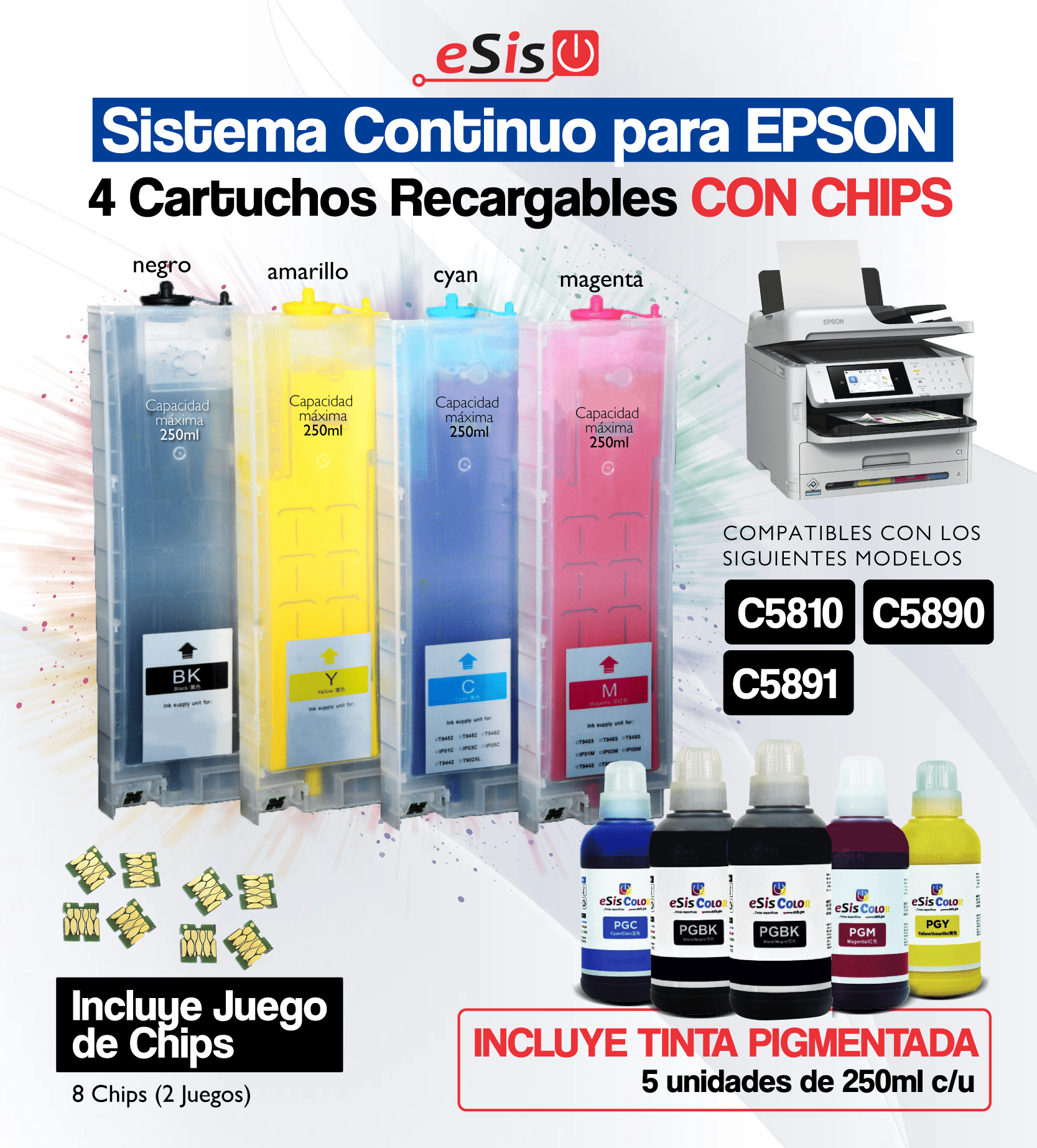 _CARTUCHOS COMPATIBLES RESPUESTA_Mesa de trabajo 1 copia 27 (2) Sistema Continuo para EPSON WorkForce C5810 - C5890 - C5891 (Cartuchos Recargables con CHIPS) (Tinta Pigmentada) - Imagen 1