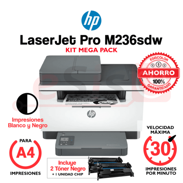 Impresora hp LaserJet MFP M236sdw (A4) (Monocromática) + Kit MEGA PACK