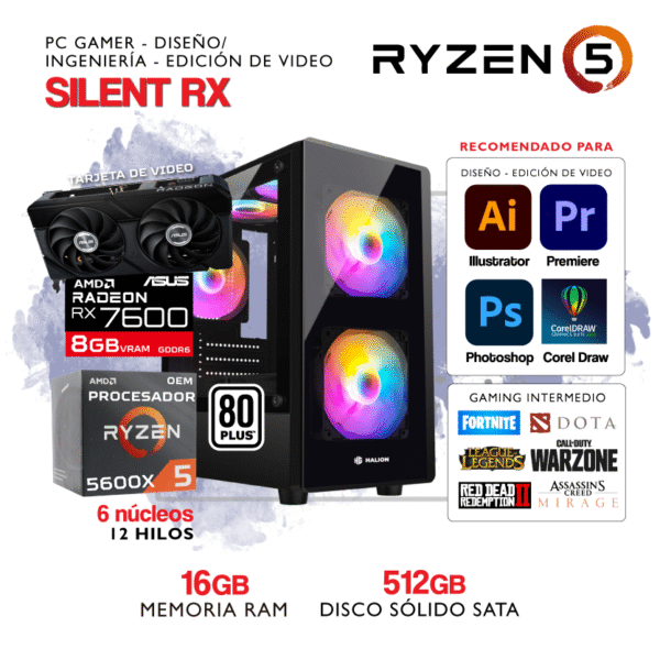 PC SILENT RX - AMD Ryzen 5 5600X - AMD RADEON RX 7600 - 16Gb RAM - 512Gb SSD SATA