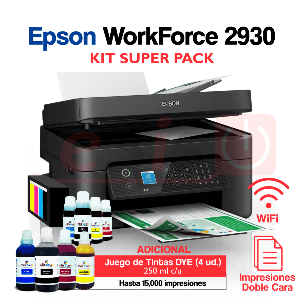 Impresora Epson WorkForce 2930 (Sistema Continuo) - WiFi / Doble Cara / Copias ADF + Kit Super Pack - Imagen 1
