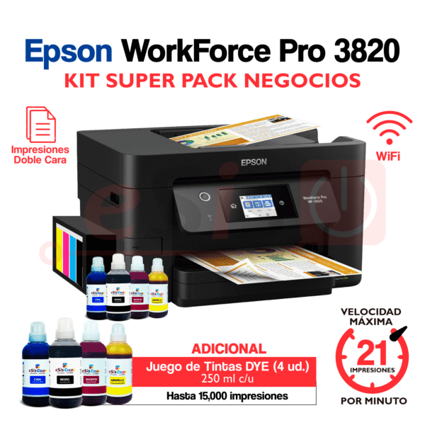 Impresora Epson WF Pro 3820 (Sistema Continuo SuperTanque) + Kit Super Pack Negocios