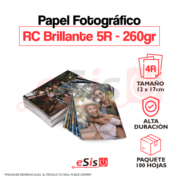 Papel Fotográfico RC BRILLANTE - Tamaño 5R (12x17cm) 260 gr - 100 hojas por paquete - Alta Duración