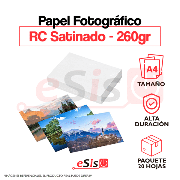 Papel Fotográfico RC Satinado - Tamaño A4 260 gr - 20 hojas por paquete - Alta Duración