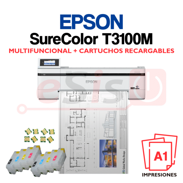 Plotter EPSON SureColor T3100M (A1) - Multifuncional + Cartuchos Recargables